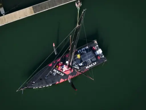 Le voilier MACSF, piloté par Corentin Horeau, est hissé hors de l'eau par une grue.