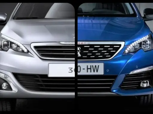 Comparaison de deux Peugeot 308, une argentée et une bleue. Le design moderne des phares et de la calandre suscite un feeling 326 avis positifs.