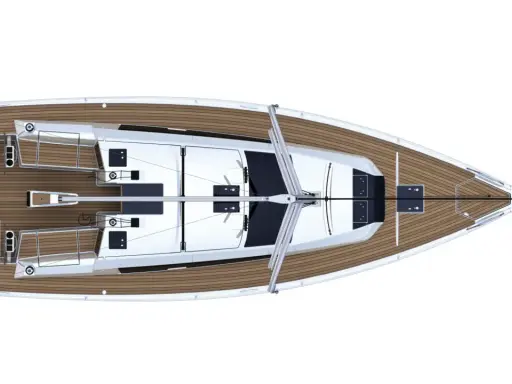 Vue aérienne d'un voilier Dufour 390. La fiche technique de ce bateau de plaisance est détaillée.