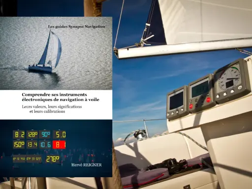 Instruments de navigation sur un voilier, affichant données et cap. L'étrave du bateau fend les flots.