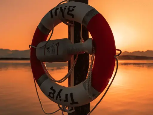 Bouée de sauvetage rouge et blanche sur un poteau, au bord d'une voie d'eau calme, avec un bateau à l'horizon au coucher du soleil.
