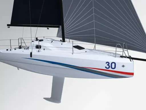 Voilier blanc Sun Fast 30 OD avec grand voile grise, prêt à fendre les vagues.