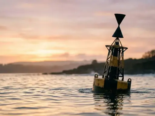 Une bouée jaune et noire, un bms bateau, flotte sur l'eau calme au coucher du soleil.