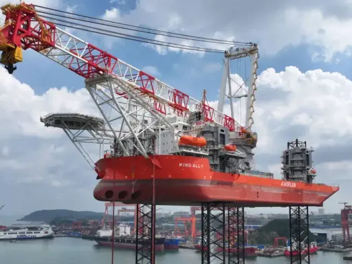 Le bateau grue "Wind Ally" est prêt à installer une éolienne en mer. Sa structure imposante domine le port.
