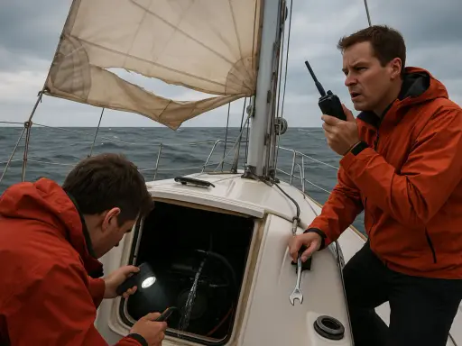 Deux hommes tentent de réparer un voilier en pleine mer. L'un utilise une lampe torche pour inspecter le moteur, tandis que l'autre communique par radio. Un **accident voilier** semble avoir eu lieu.