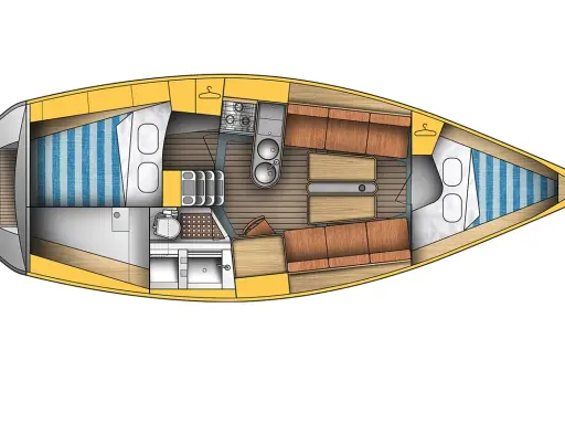 Plan intérieur du voilier, étape 28 : cabine avec lits, cuisine, salle de bain et salon.