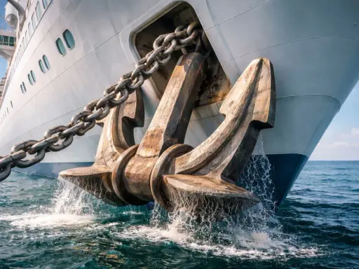 L'ancre massive d'un paquebot émerge de l'eau, ses chaînes rouillées prêtes à sécuriser le géant des mers.