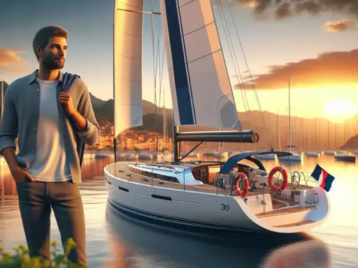 Un homme rêve de son prochain voyage. Quel voilier pour un tour du monde en solitaire ? Un yacht blanc élégant est amarré dans un port pittoresque au coucher du soleil.