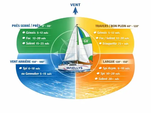 Schéma expliquant les voiles à utiliser selon le vent : spi, génois, foc, trinquette, gennaker. Le voilier est au centre.