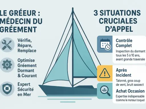 Le gréement d'un voilier, comme un sloop fractionné, nécessite un entretien régulier. Le gréeur vérifie, répare et optimise le gréement dormant et courant pour la sécurité en mer.