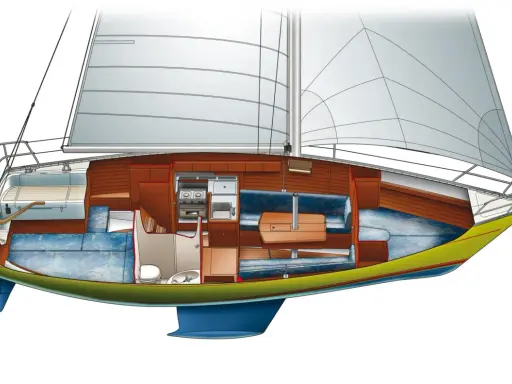 Coupe d'un voilier Aquavit, révélant un intérieur confortable avec cabine, cuisine et coin repas.