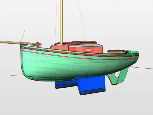 Maquette d'un voilier biquille aux coques vertes et rougies, avec deux dérives bleues distinctes.