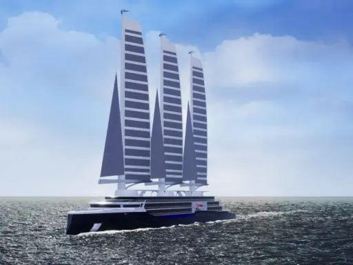 Un navire futuriste glisse sur l'eau, ses trois voiles rigides et élancées capturant le vent sous un ciel bleu parsemé de nuages.