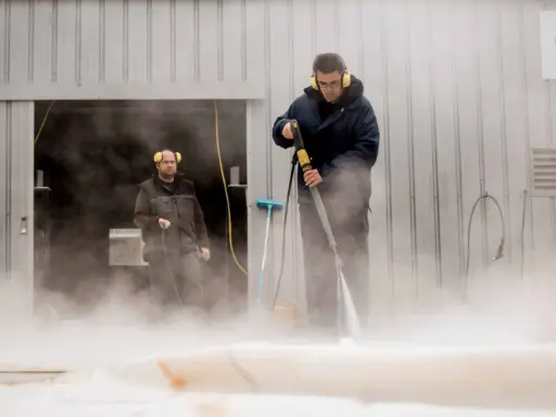 Deux hommes utilisent un nettoyeur haute pression pour nettoyer un voile de bateau avec du savon noir.