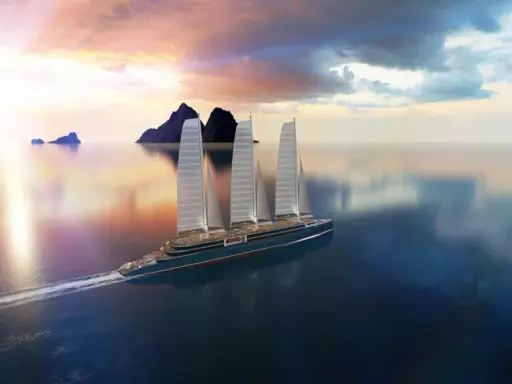 Un paquebot à voile futuriste navigue sur une mer calme au coucher du soleil, avec des voiles imposantes et des îles lointaines.