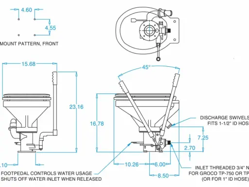 Schéma technique d'un wc marin, montrant ses dimensions et son wc marin fonctionnement. Le pédalier contrôle l'usage de l'eau.