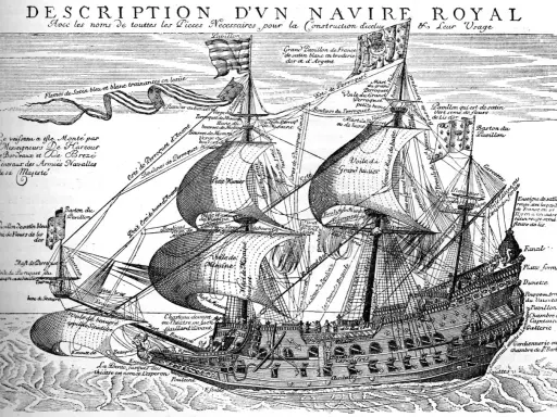 Gravure d'un majestueux bateau 17ème siècle, le "Navire Royal", avec ses voiles gonflées et ses nombreux détails annotés.
