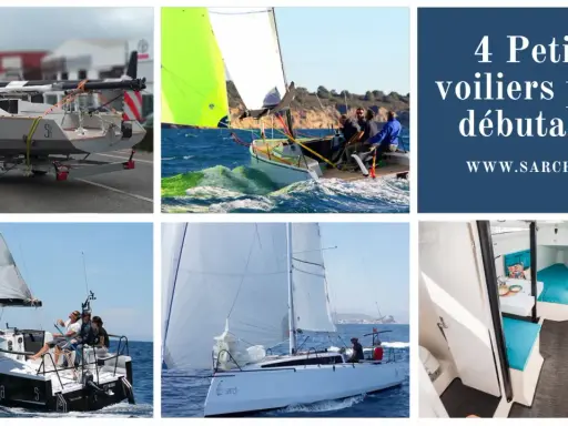 4 petits voiliers pour débutants : un sur remorque, un en action avec équipage, un autre naviguant, et l'intérieur d'un bateau.