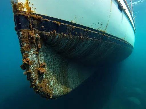 Vue sous-marine du **bateau mou** couvert d'algues et de coquillages, sa coque blanche et noire contrastant avec le bleu profond de l'eau.