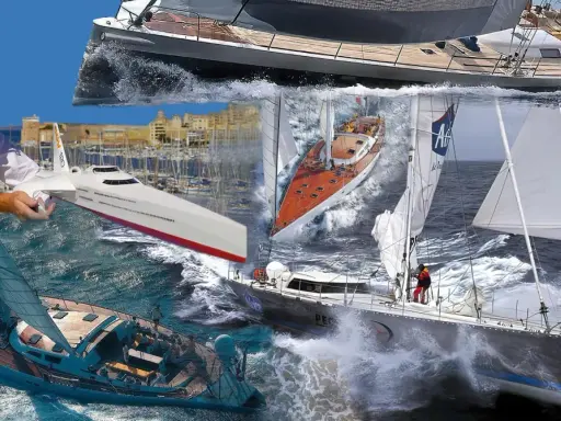 Gilles Vaton, architecte naval, présente ses créations : voiliers de luxe, bateaux futuristes et navires de course en pleine mer.