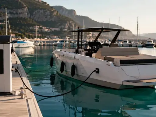 Un catamaran électrique blanc est amarré à quai, branché à une borne de recharge. Le port est bordé de collines verdoyantes.