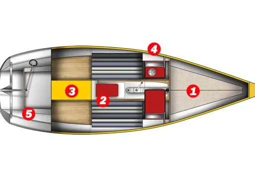 Vue aérienne du first class 8 intérieur : cabine (1), couchettes (2), table (3), cuisine (4) et cockpit (5).