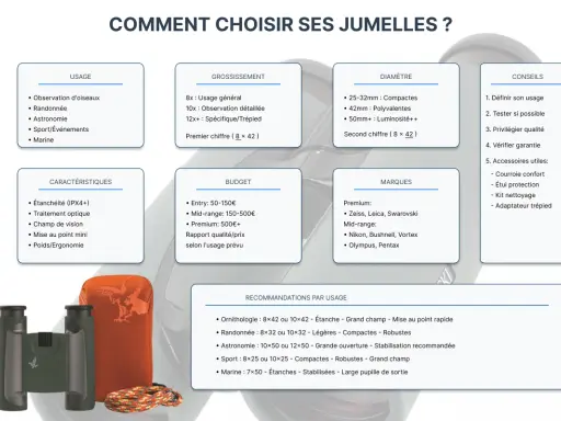 Guide pour comment choisir des jumelles : usage, grossissement, diamètre, budget, marques, caractéristiques et conseils pour un achat éclairé.