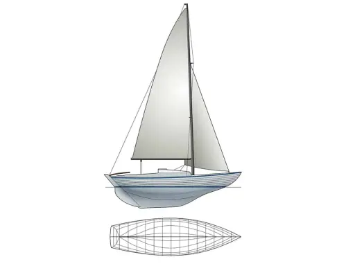 Vue latérale d'un voilier de type folk boat, avec sa ligne de flottaison et une vue en plan de sa coque.