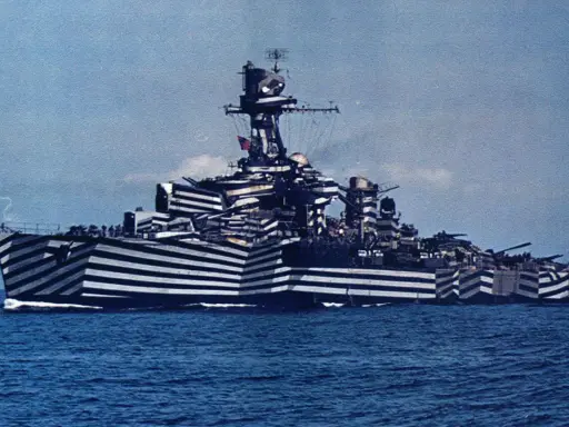 Un navire de guerre à l'impressionnant camouflage zébré, conçu pour tromper l'ennemi. Ce bateau militaire arbore un motif audacieux.
