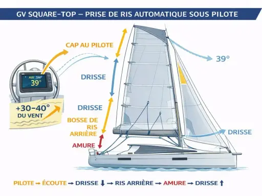Schéma de prise de ris automatique sur un voilier. Le pilote automatique ajuste la voile selon le vent.