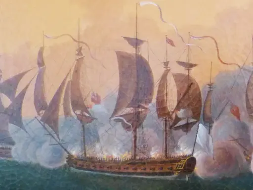 Bataille navale animée, l'Hermione bateau au centre, entouré de fumée et de canons crachant le feu.