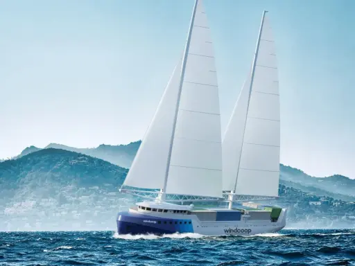 Un porte-conteneurs à voile futuriste navigue sur une mer agitée, avec des montagnes verdoyantes en arrière-plan.