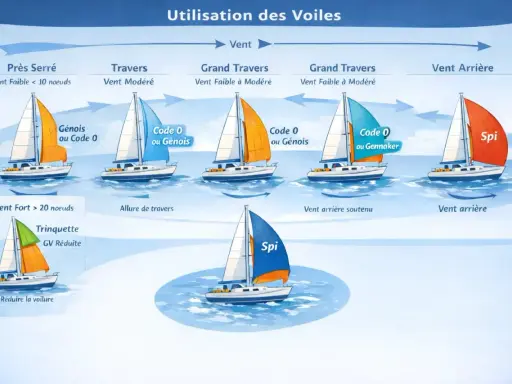 Schéma illustrant l'utilisation des voiles (génois, spi, trinquette) en fonction du vent et de l'allure en navigation.