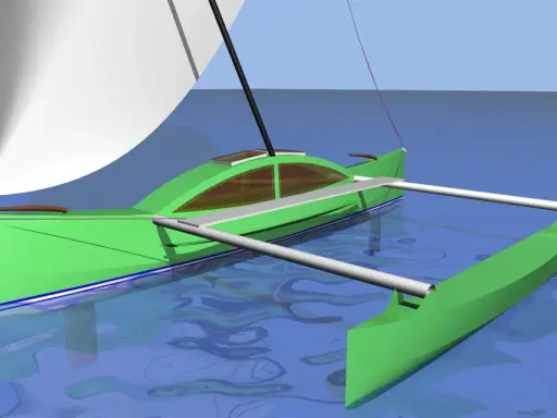Un prao bateau vert, avec une voile blanche, navigue sur une eau bleue calme.