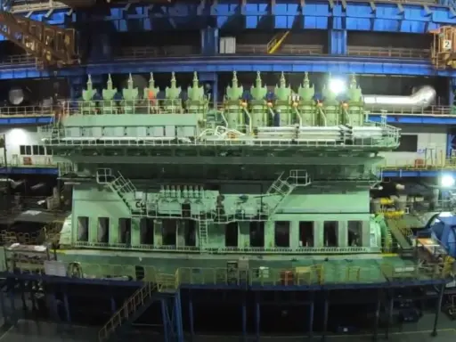 Un immense moteur vert, prêt à propulser un porte-conteneurs, se dresse dans un atelier de construction navale.