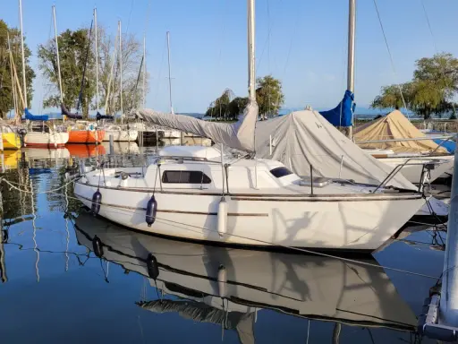 Un voilier blanc, prêt pour l'aventure, est amarré dans un port paisible. Le reflet du voilier sauvignon sur l'eau calme est saisissant.