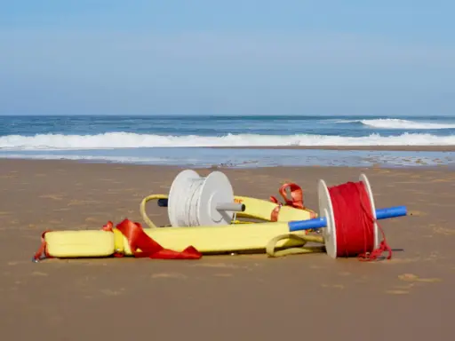 Deux bobines de fil, une blanche et une rouge, sont attachées à un tube de sauvetage jaune sur une plage.