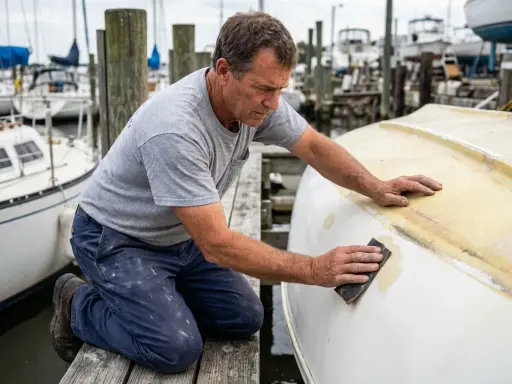 Un homme ponce le flanc d'un bateau pour refaire le gelcoat. Il est à genoux sur un ponton, entouré d'autres voiliers.