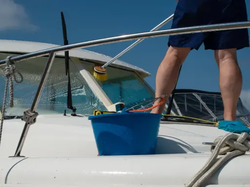 Un homme effectue l'entretien de bateau, lavant la proue avec une brosse et un seau bleu.