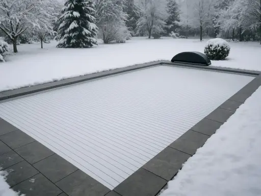 Piscine recouverte d'une couverture blanche et etanche, dans un jardin enneigé. Le paysage hivernal est paisible.