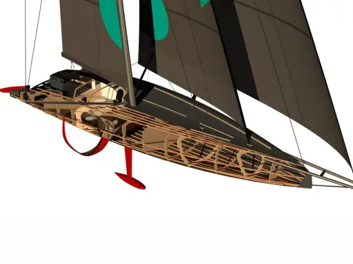 Maquette d'un voilier IMOCA foil, révélant sa structure interne complexe et ses appendices rouges.