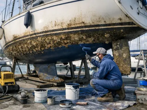 Un marinier applique une nouvelle couche de peinture antifouling sur la coque d'un voilier. Il est temps de choisir quel antifouling choisir pour protéger le bateau.