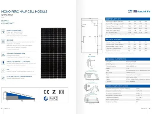 Panneau solaire mono PERC half cell, avec tableau de données techniques et caractéristiques mécaniques.