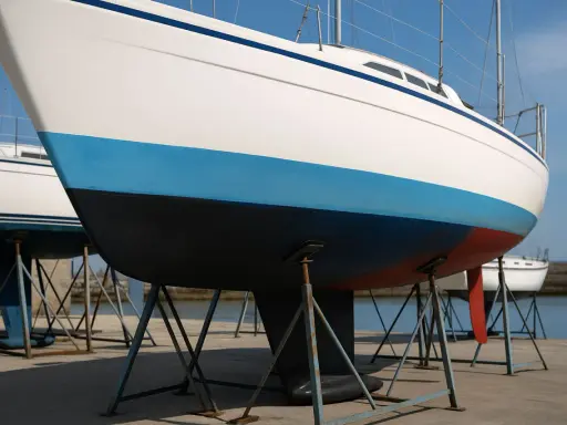 Vue rapprochée de la coque d'un voilier blanc avec une bande bleue et une bande rouge. Le choix couleur coque bateau est important pour l'esthétique.