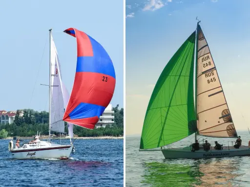 Deux voiliers naviguent sur l'eau. L'un arbore une grande voile rouge et bleue, prête à choquer. L'autre est équipé d'une voile verte éclatante.