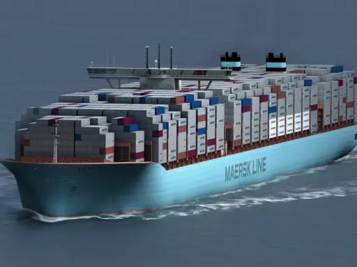 Un immense porte-conteneurs Maersk navigue sur une mer calme, chargé de milliers de conteneurs. La taille porte conteneur est impressionnante.