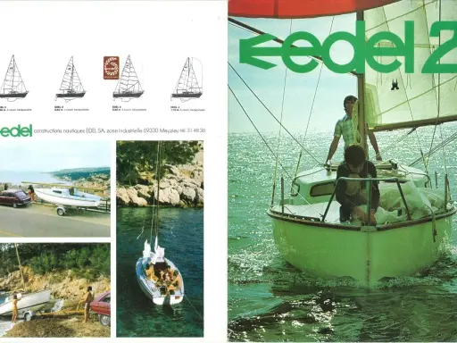 Bateau Edel 2 en mer, deux hommes à bord. Le logo Edel 2 est bien visible.