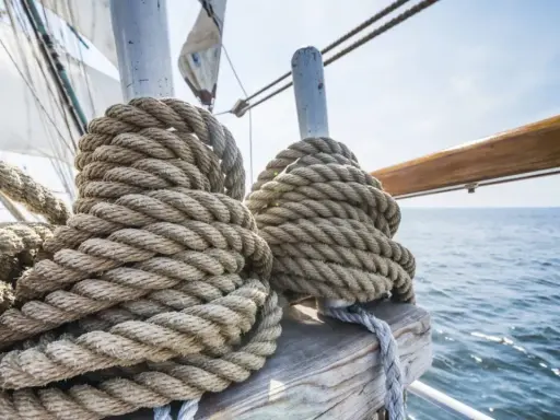 Gros cordages enroulés sur des taquets, prêts pour l'aventure. La proue du bateau fend les flots bleus sous un ciel clair.