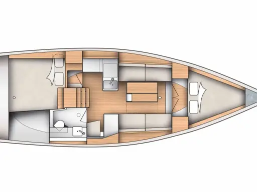 Plan intérieur du Dufour 360, montrant cabine, carré, cuisine et salle d'eau. Fiche technique détaillée.