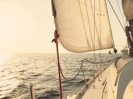 Voile de bateau gonflée par le vent, naviguant sur une mer calme au coucher du soleil.